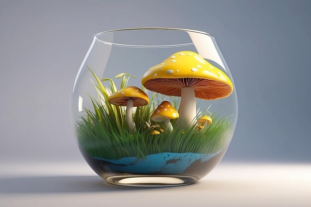 verre d'illustration 3D dans le côté avec champignon avec de l'herbe et de la lumière jaune