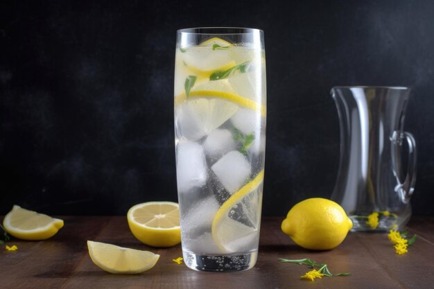 Verre imposant de limonade avec des glaçons et des tranches de citron juteux créé avec l'ai générative