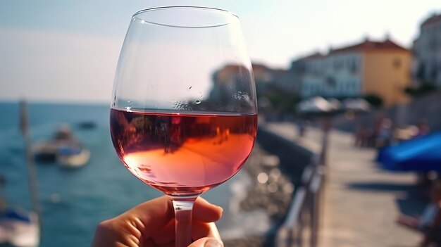 Un verre de jeune vin rosé frais sur fond d'IA générative