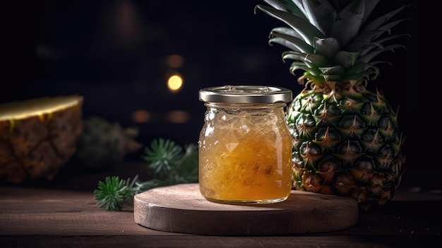 Un verre de jus d'ananas est posé sur une planche à découper en bois avec un ananas sur le côté.