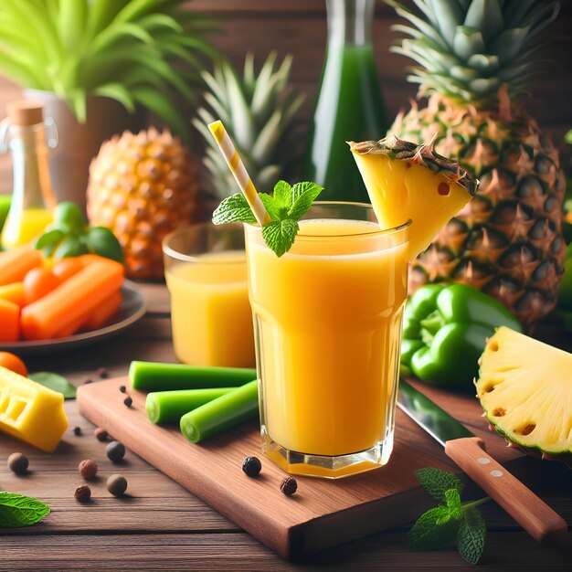 Un verre de jus d'ananas frais sur une table en bois