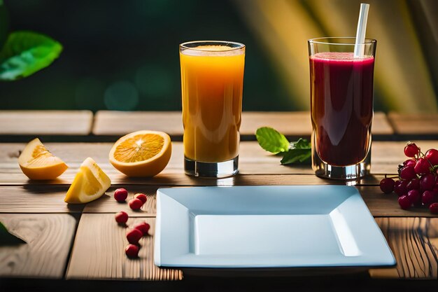 Photo un verre de jus et une assiette de fruits sur une table.