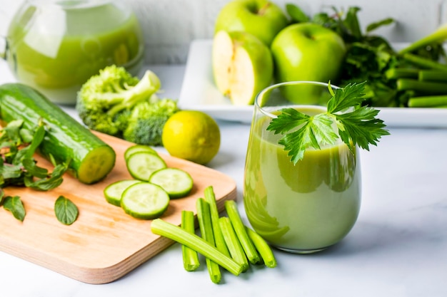 Un verre de jus de céleri vert. Boisson au céleri préparée pour une alimentation saine et une cure de désintoxication.