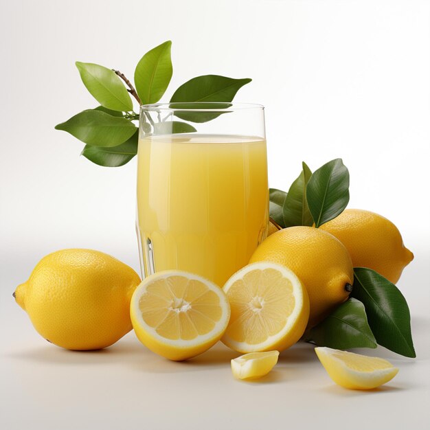 Verre de jus de citron frais sur fond blanc