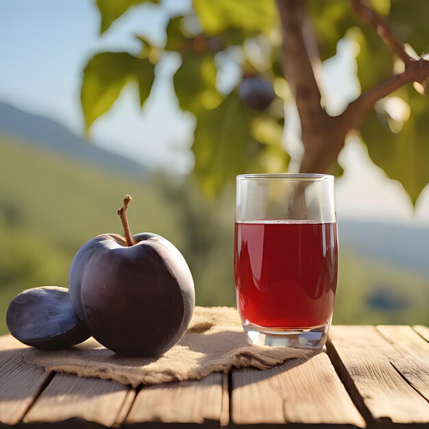 un verre de jus à côté d'une poire et une poire