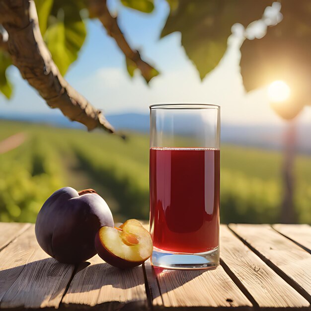 Photo un verre de jus à côté d'une prune sur une table