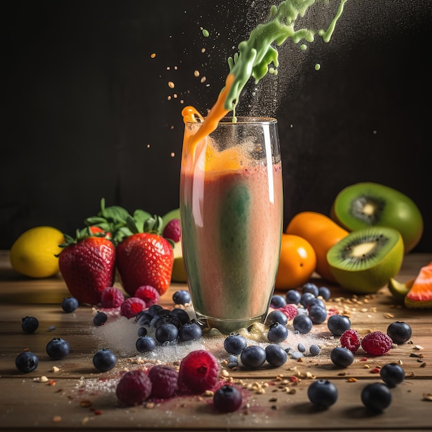 Un verre de jus est versé sur une table avec des fruits et des baies.