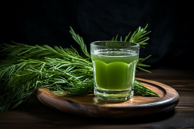 Photo un verre de jus d'estragon sur une assiette en bois