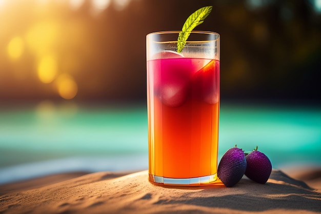 Un verre de jus avec une feuille à côté