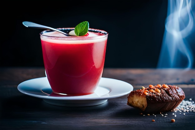 un verre de jus de fraise à côté d'une assiette de nourriture et d'une cuillère