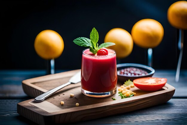 un verre de jus avec une fraise et une cuillère sur une planche à couper