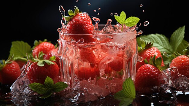 Un verre de jus de fraise avec une éclaboussure sortant du verre sur fond blanc