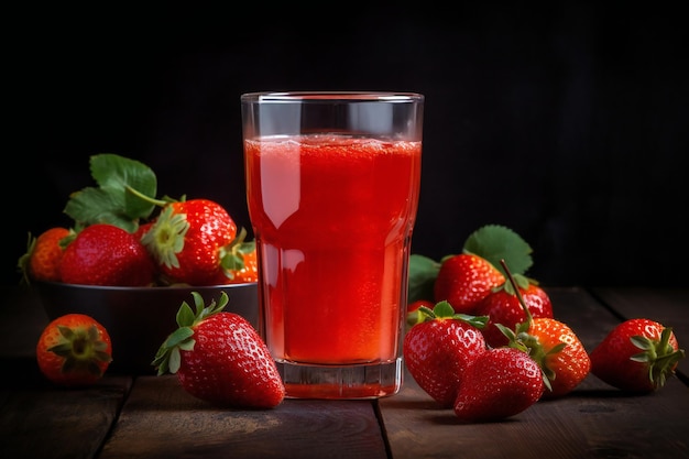 Un verre de jus de fraise avec un fond noir