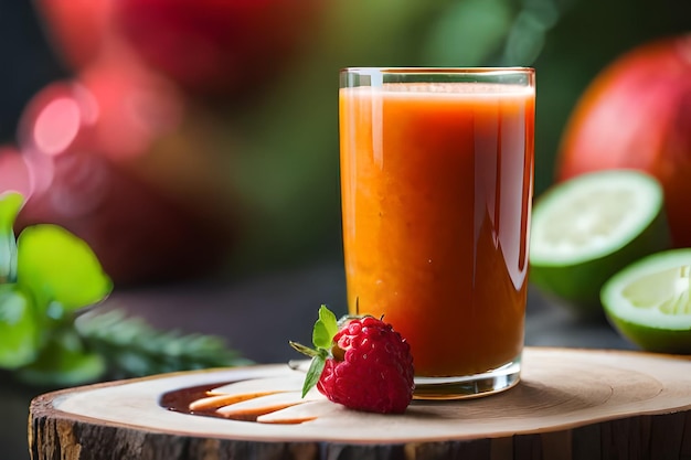 un verre de jus avec une fraise et une fraise sur la table