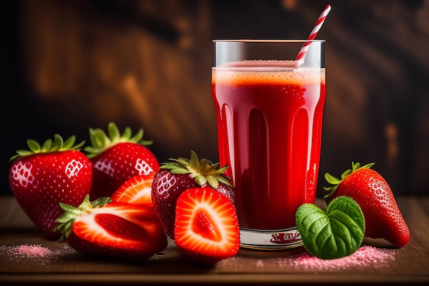 Un verre de jus de fraise avec des fraises sur la table