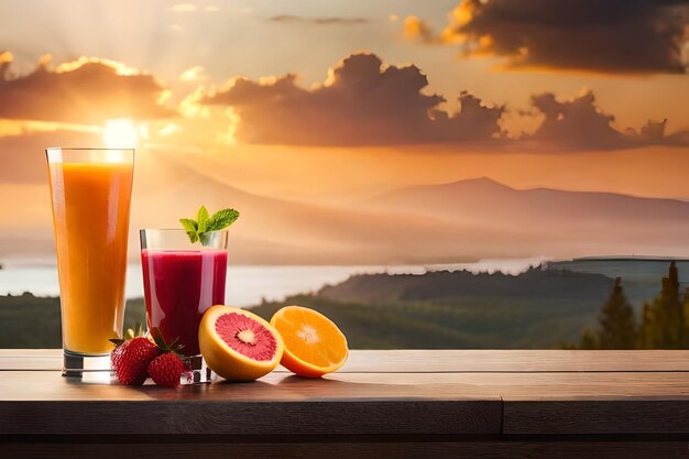 un verre de jus avec une fraise et un verre de jus