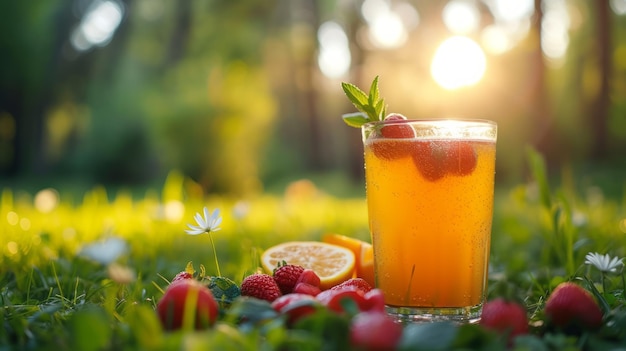 Un verre de jus de fruit fraîchement pressé entouré de fruits frais et de baies sur un prairie verte d'été fraises cerises citron concept alimentaire sain