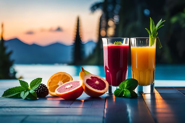 Un verre de jus avec un fruit et un verre de jus