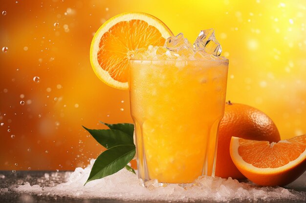 Un verre de jus avec de la glace et des morceaux d'orange.