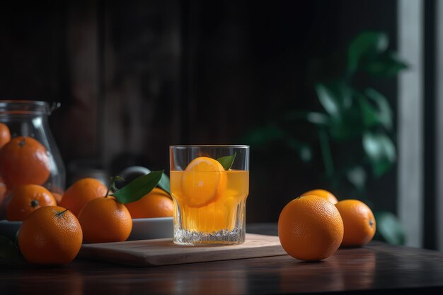 Verre de jus de mandarine frais avec des mandarines mûres AI générative