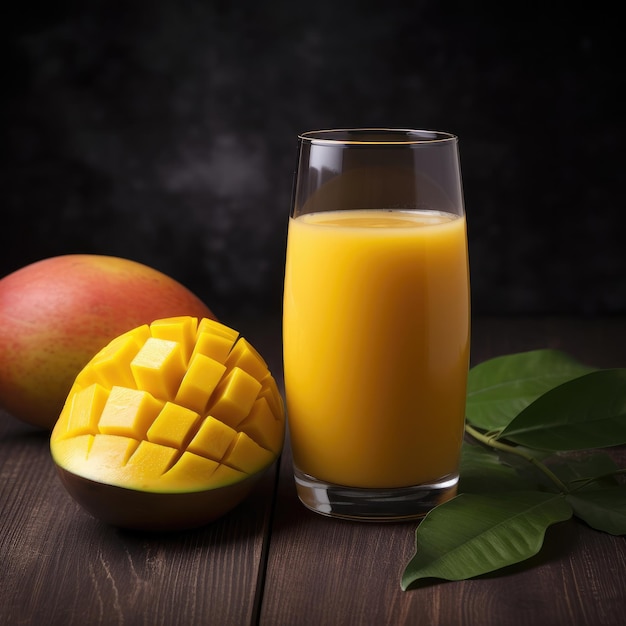 Un verre de jus de mangue à côté d'un jus de mangue.