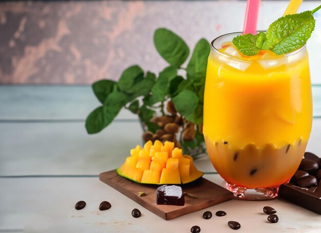 Un verre de jus de mangue en été avec des feuilles de menthe