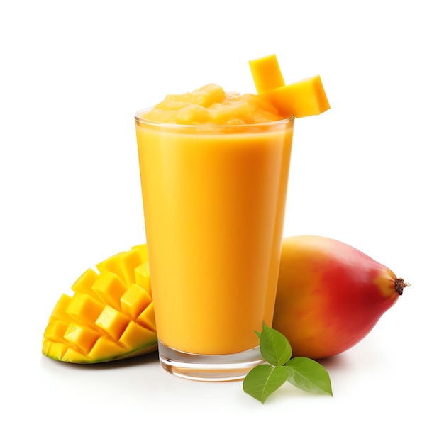 un verre de jus de mangue et une mangue