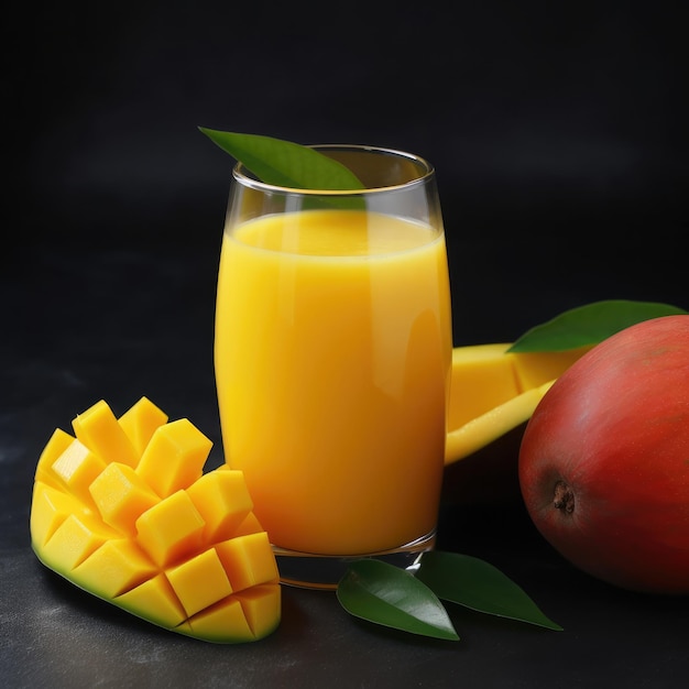 Un verre de jus de mangue avec des mangues dessus