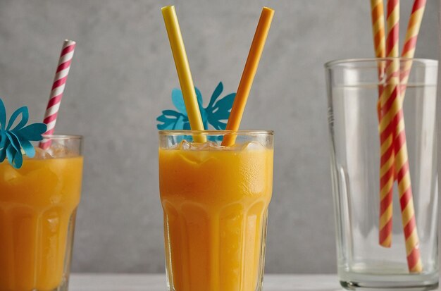 Un verre de jus de mangue avec une paille en papier coloré