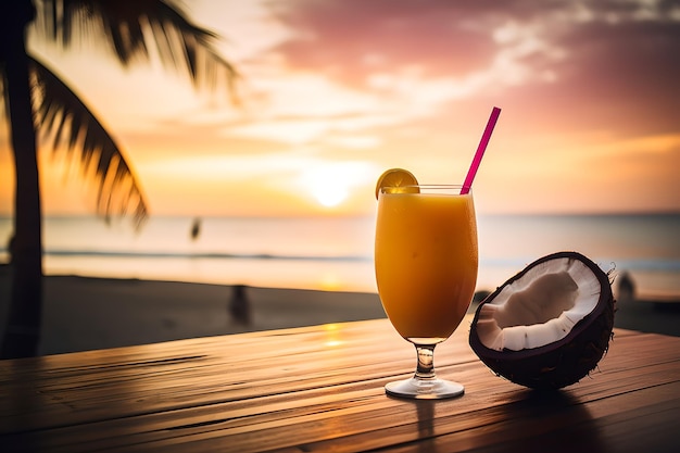 Un verre de jus de noix de coco est posé sur un bar avec un coucher de soleil en arrière-plan.