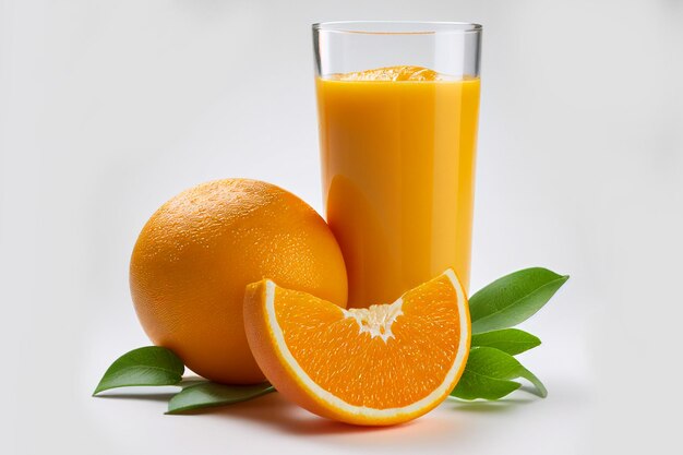 Un verre de jus d'orange 100 avec de délicieuses oranges et des tranches de fruits sur fond blanc