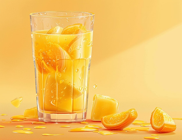 Un verre de jus d'orange audacieux et réaliste avec des morceaux de fruits PNG