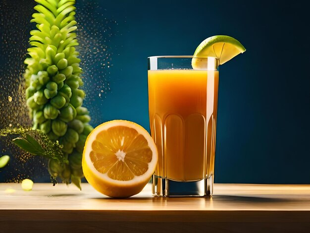 Un verre de jus d'orange avec un citron vert sur le côté.