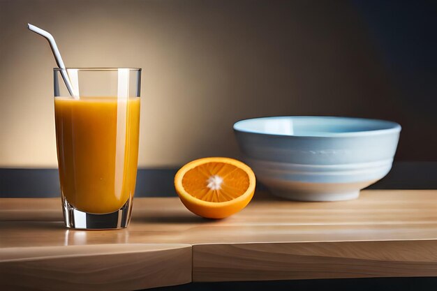 un verre de jus d'orange à côté d'un bol de jus d'orange.