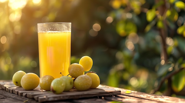 un verre de jus d'orange à côté d'un bouquet de raisins