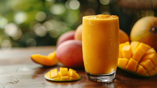 un verre de jus d'orange à côté d'une mangue et de la mangue