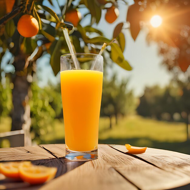 un verre de jus d'orange à côté d'un orange