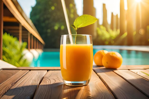 un verre de jus d'orange à côté d'une piscine avec des oranges et une paille.