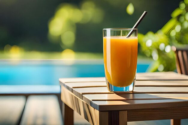 un verre de jus d'orange à côté d'une piscine.