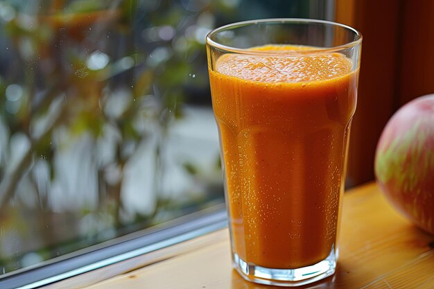 Photo un verre de jus d'orange à côté d'une pomme