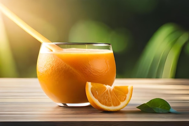 Un verre de jus d'orange à côté d'une tranche d'orange.