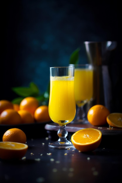 Verre de jus d'orange à côté d'un verre de jus d'orange sur la table Generative AI