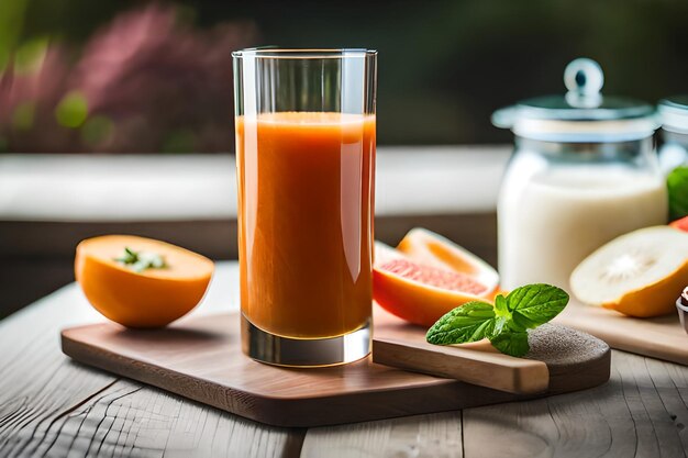 un verre de jus d'orange à côté d'un verre de lait.