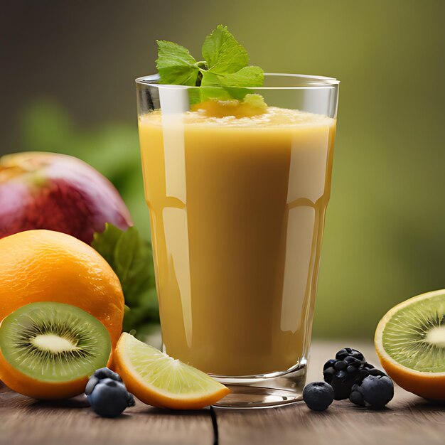 un verre de jus d'orange avec du kiwi et du kiwi sur la table