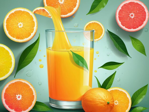 Un verre de jus d'orange entouré d'oranges tranchées