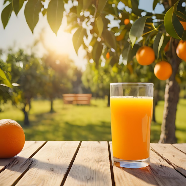 un verre de jus d'orange est assis sur une table en bois dans un verger