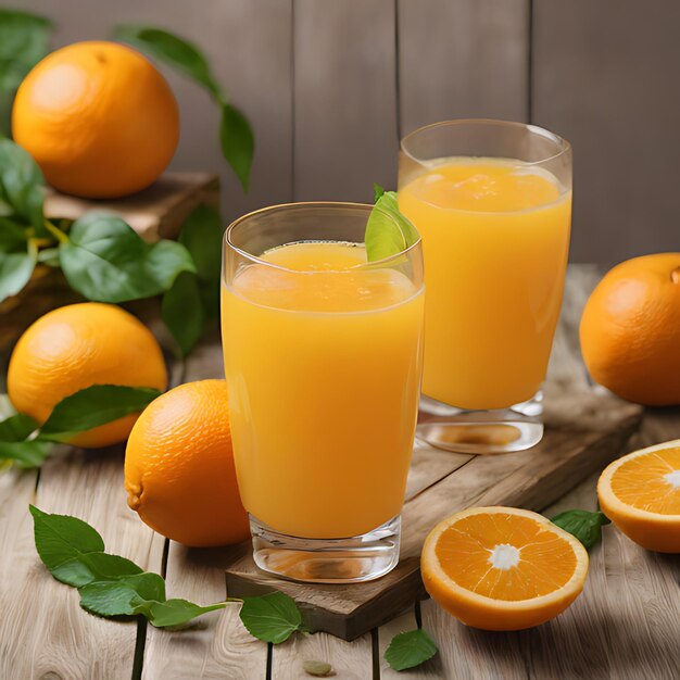 un verre de jus d'orange est assis sur une table en bois avec deux verres de jus dorange