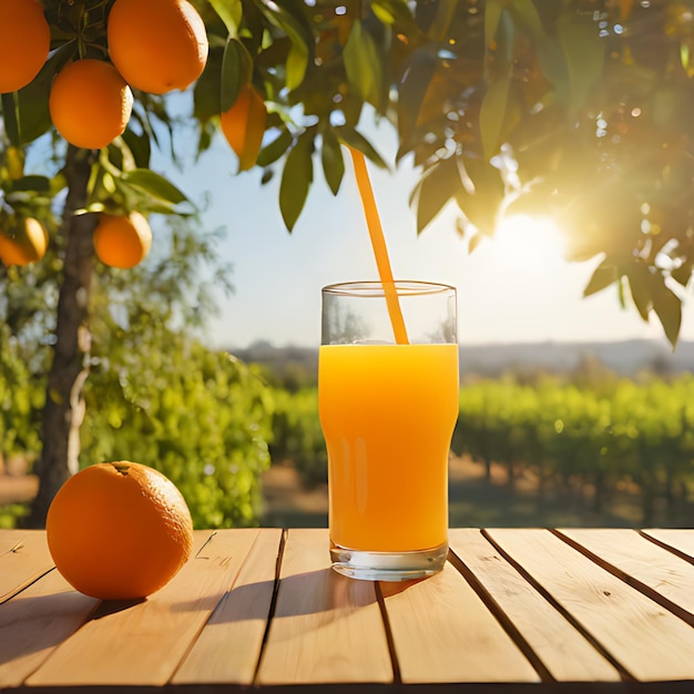 un verre de jus d'orange est assis sur une table en bois avec des oranges dessus
