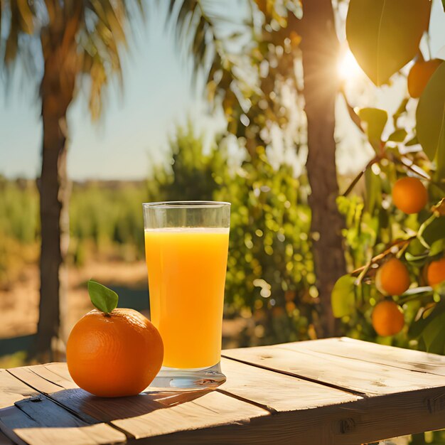 un verre de jus d'orange est assis sur une table en bois avec des oranges