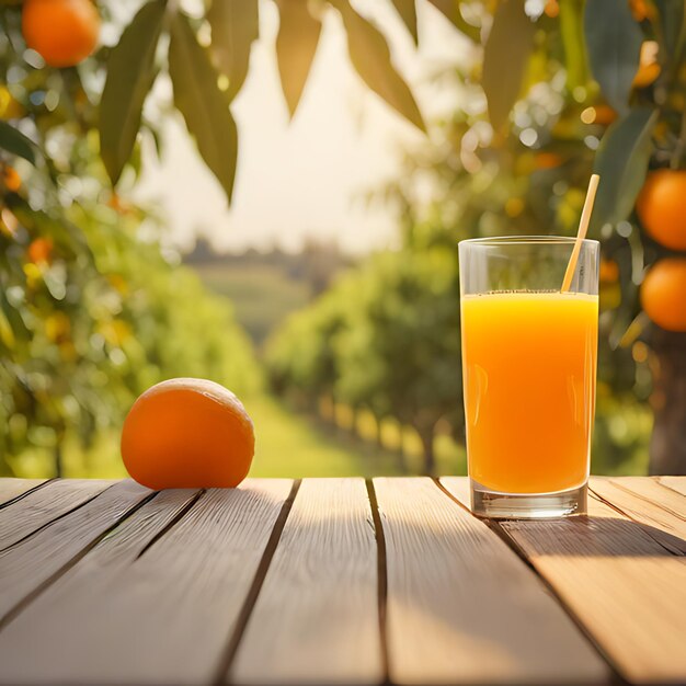 un verre de jus d'orange est assis sur une table en bois